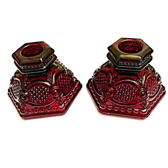 Avon 1876 Cape Cod Ruby Red Glass Pair Short Candlestick Holders Vintage 2.5" H - Picture 1 of 4